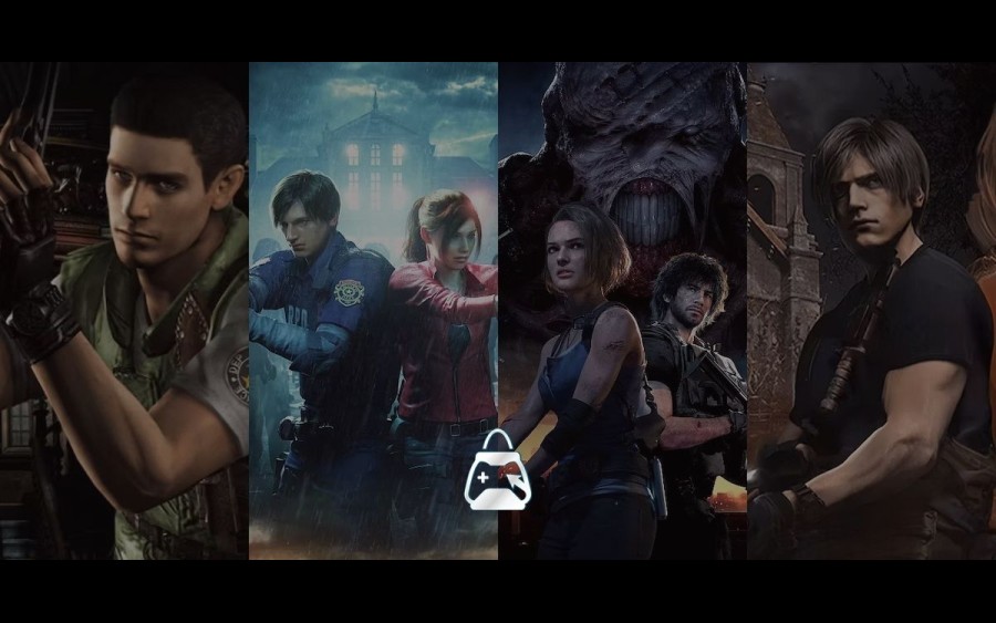 Resident evil remake games in background, etail logo in front