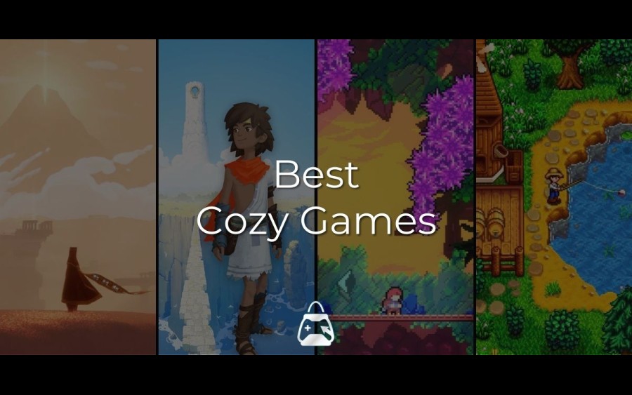 4 games (Rime, Journey, Stardew Valley and Celeste) in the background and the Best Cozy Games title in the front