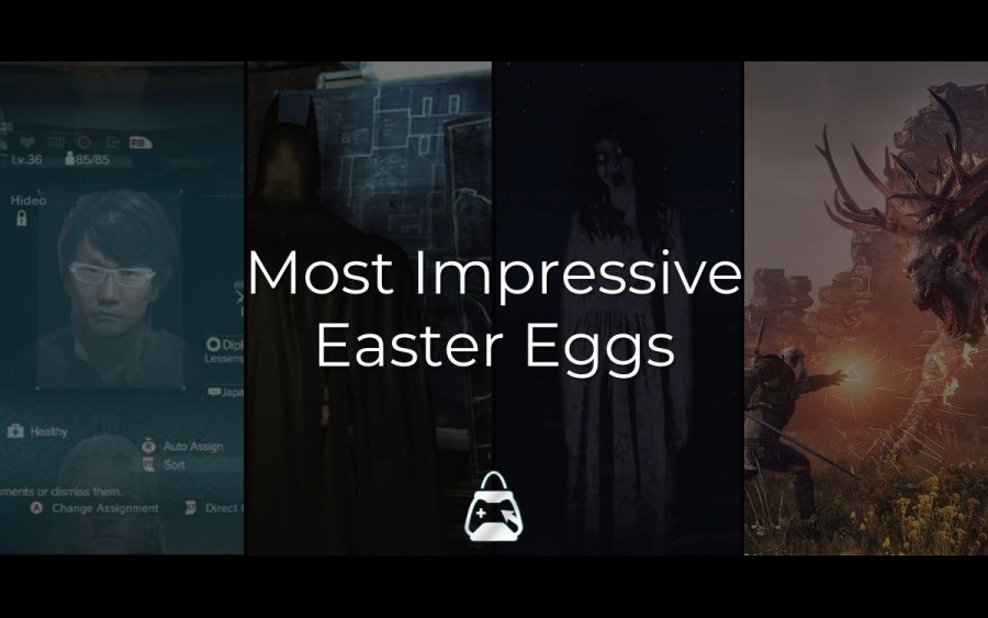 4 easter eggs from Gta V, Witcher 3, Metal Gear Solid V, Batman: Arkham Asylum on the background, and Most Impressive Easter Eggs title on the front.
