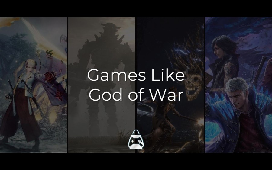 4 games (Nioh, Shadow of the Colossus, Bloodborne, Devil May Cry 5) in the background and Games Like God of War title in the front.