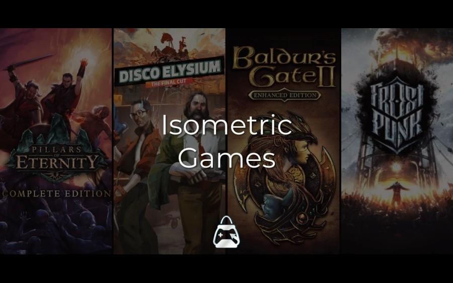 4 Isometric Games on background (Baldur's Gate 2, Disco Elysium, Frostpunk, Pillars of Eternity) and Isometric Games title on the front.