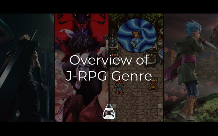 4 J-RPG games (Persona 5, Dragon Quest XI, Chrono Trigger, Final Fantasy VII) in the background and Overview of J-RPG Genre title in the front.