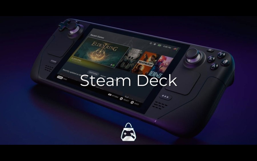 Steam Deck console in the background and Steam Deck text in the foreground.