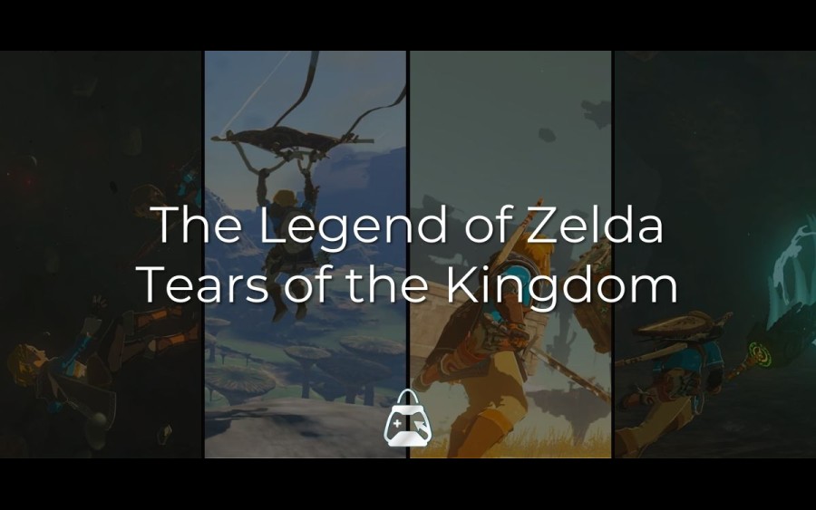 4 Zelda images in the background and The Legend of Zelda: Tears of the Kingdom title in the front