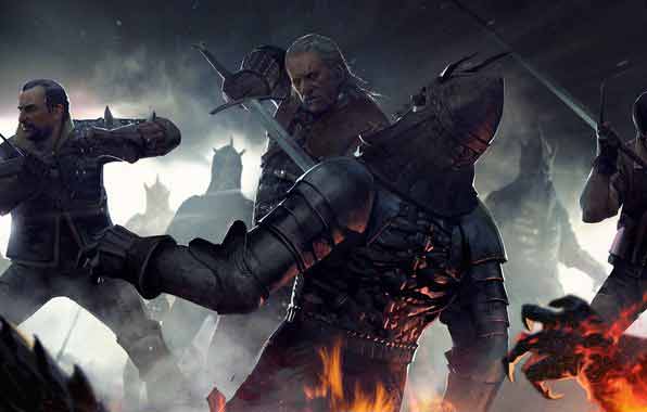 Witchers from Witcher Universe are fighting with monsters.