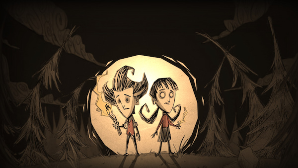 İki çizgi karakter karanlık bir ormanda ellerinde meşale tutuyor.