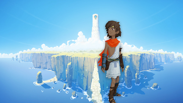 A tower in the background and a male character standing on the cliff ahead.