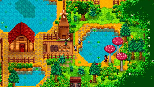 A farm created in pixel art style.