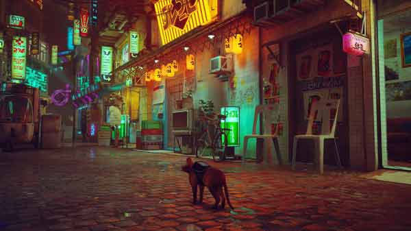 A cat walking in Cyberpunk street from Stray