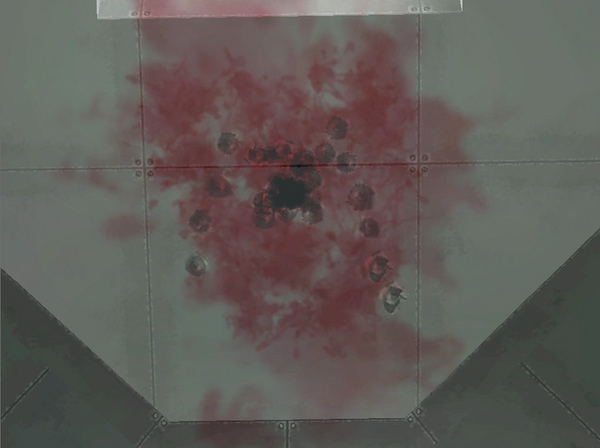 Halo oyununda bulunan duvardaki kan izi ve ortasında mermilerle oluşturulan bir "M" harfi