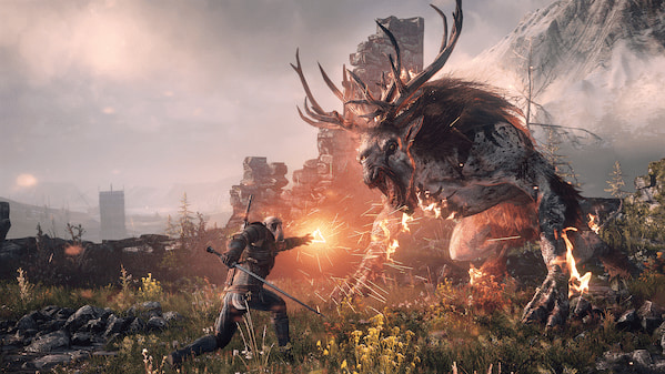 Geralt from the Witcher series uses "Igni" against a giant cow.