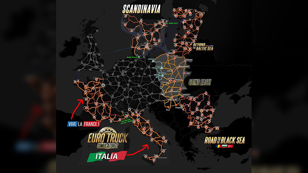 Euro Truck Simulator 2 DLCs Map