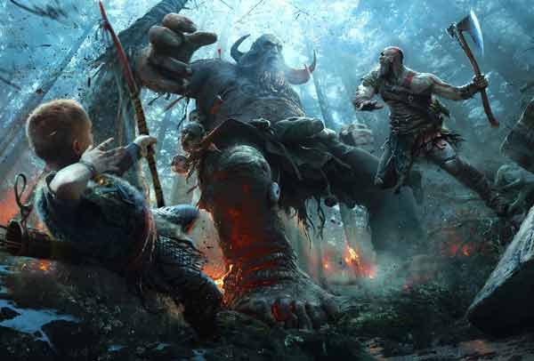 Kratos and Atreus fighting with a giant boss