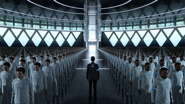 Detroit: Become Human oyunundan bir android ordusu görüntüsü.