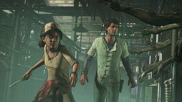 Two characters from The Walking Dead: Telltale Series defending themselves from zombies.