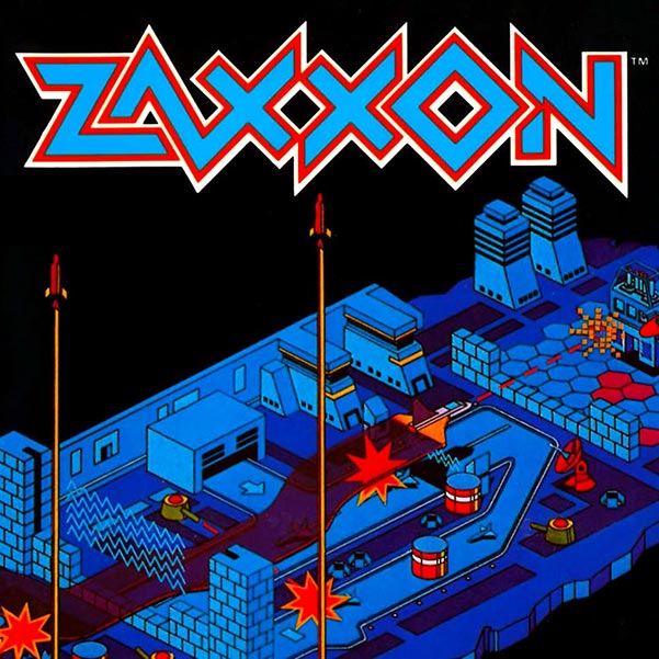 Image of first isometric game Zaxxon and it's logo