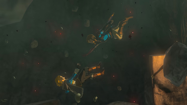 Link and Melia, from Zelda series, are falling.