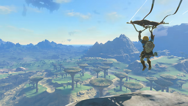 Zelda serisinden Link havada süzülüyor.